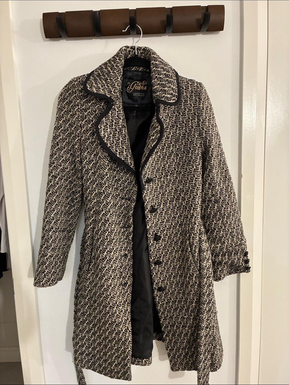Guess Black and Cream Tweed Trench Coat
